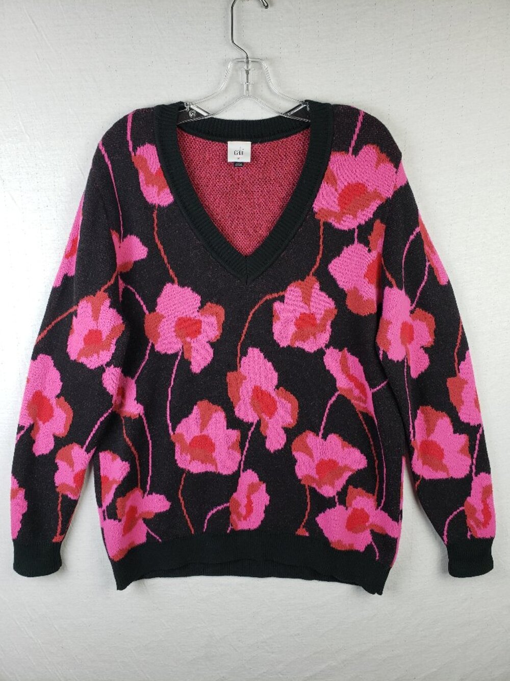CAbi Rare Rococo Floral Pullover Pink Peony Sweater V-Neck #4102 Novelty size M